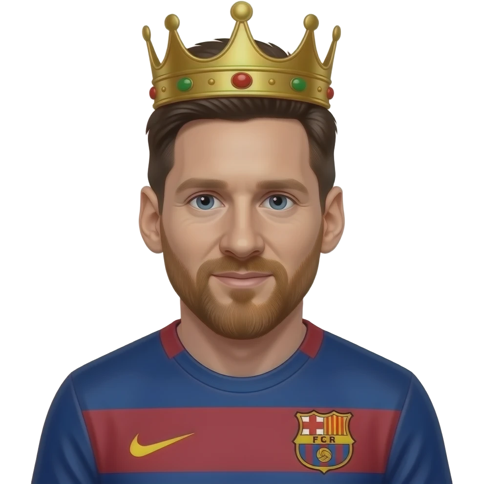 Messi-inspired 3D emoji, same natural face, no crown, confident king expression. emoji