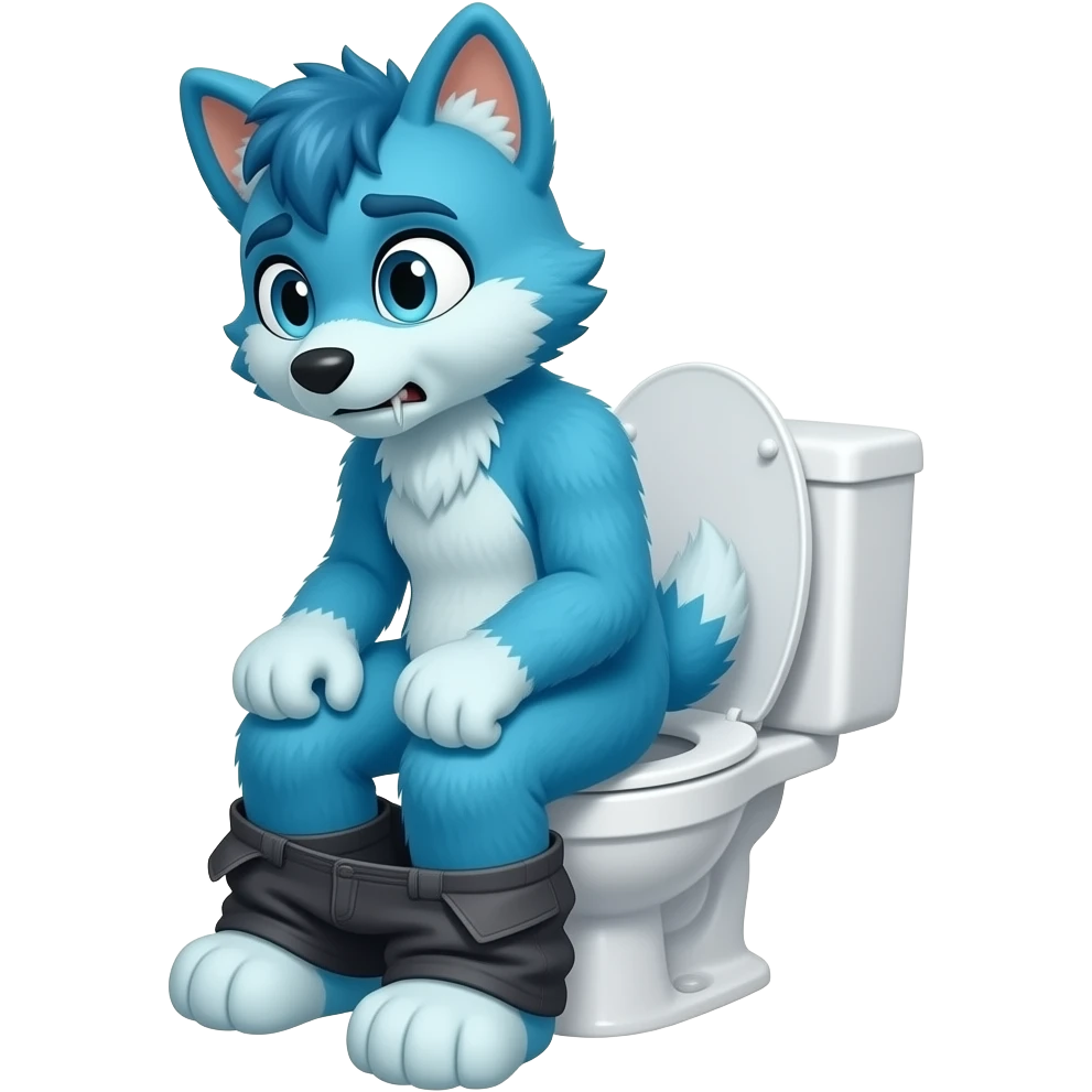 blue fursuit sitting on toilet, side view, pants down, straining face emoji