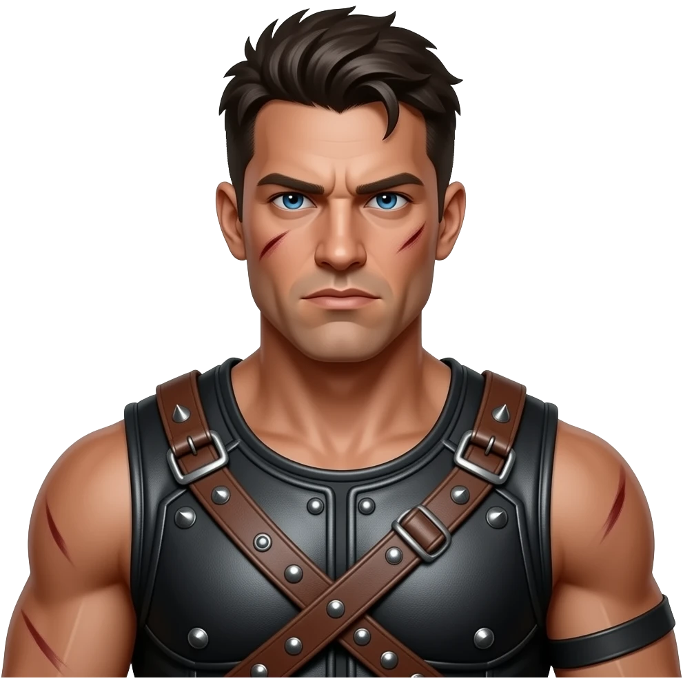 > “Tough guy portrait facing front, muscular build, rugged face, short messy hair, scar on face, leather armor, serious expression, dark fantasy style” emoji