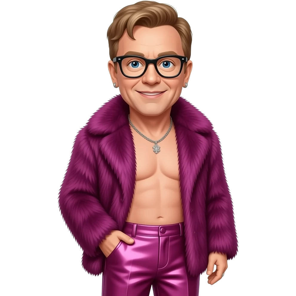 Elton John with blue eyes, light brown hair, black glasses, magenta fur shawl, magenta metallic baggy pants, shirtless with necklace and earrings emoji