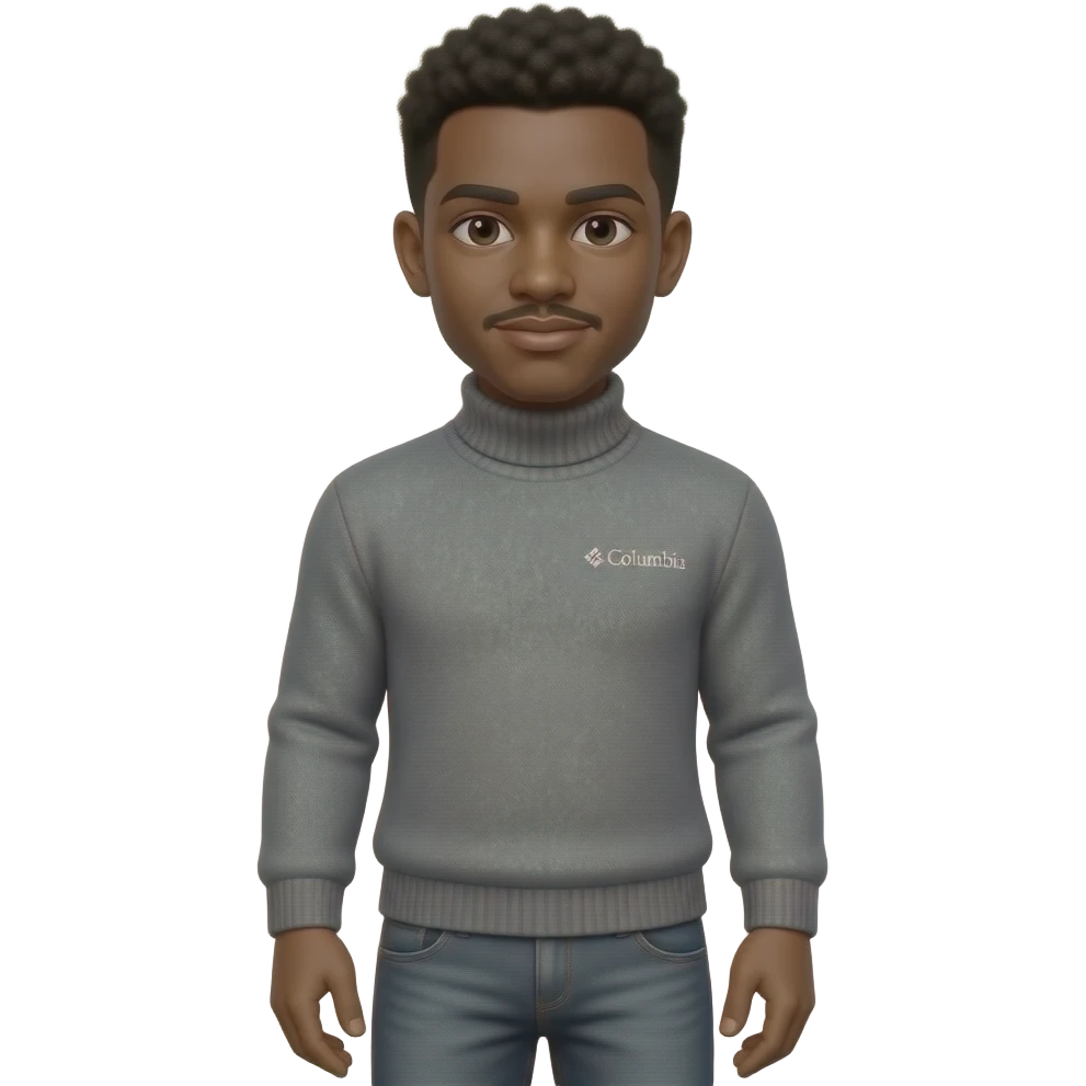 generate me a black guy with turtlneck sweater that's grey and its a sweater and the brand Columbia with grey jeans emoji