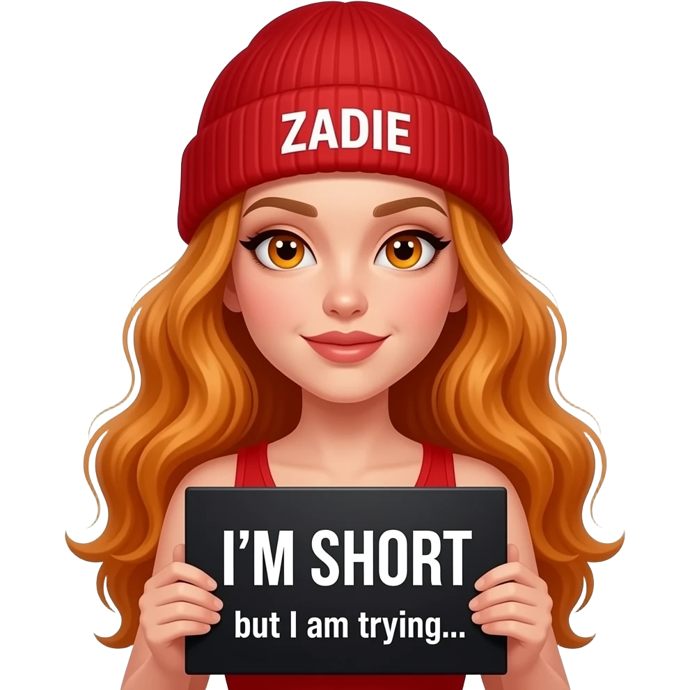 sexy girl with overlong wavy ginger hair and ginger eyes wearing a red tanktop and a red beanie with ZADIE written on it, is holding a black sign with I'm SHORT but I am trying... written on it emoji