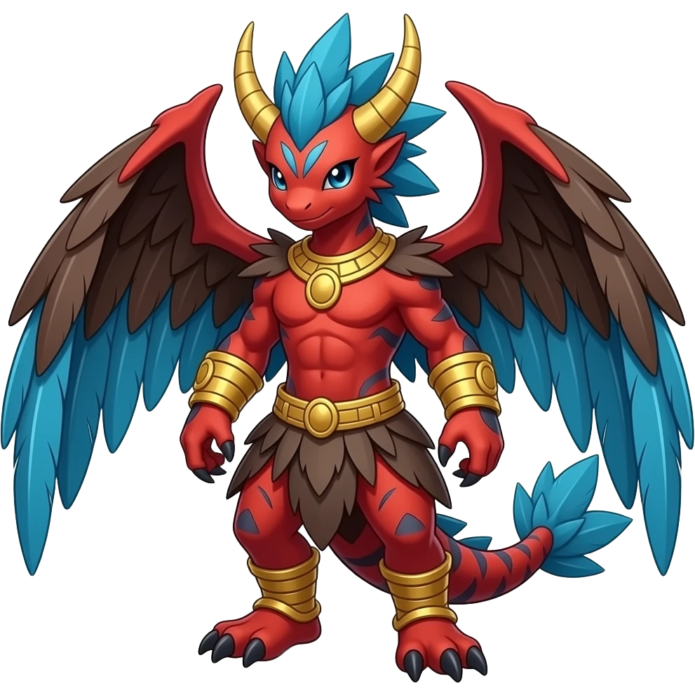 Red and blue and golden-girdled and dark brown feathery tribal beautiful gorgeous attractive pretty Raptorik scaley feathery horned Amaura-Wargreymon-Aurorus-ExVeemon-WereGarurumon-Pokémon-Fakémon-hybrid-fusion-creature, full body emoji