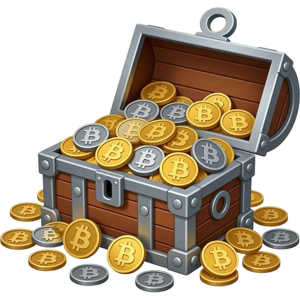 A  realistic Treasure chest full of Gold, Silver, Bronze, and Dark Gray Titanium Bitcoins.  No coins outside. All coins inside. emoji