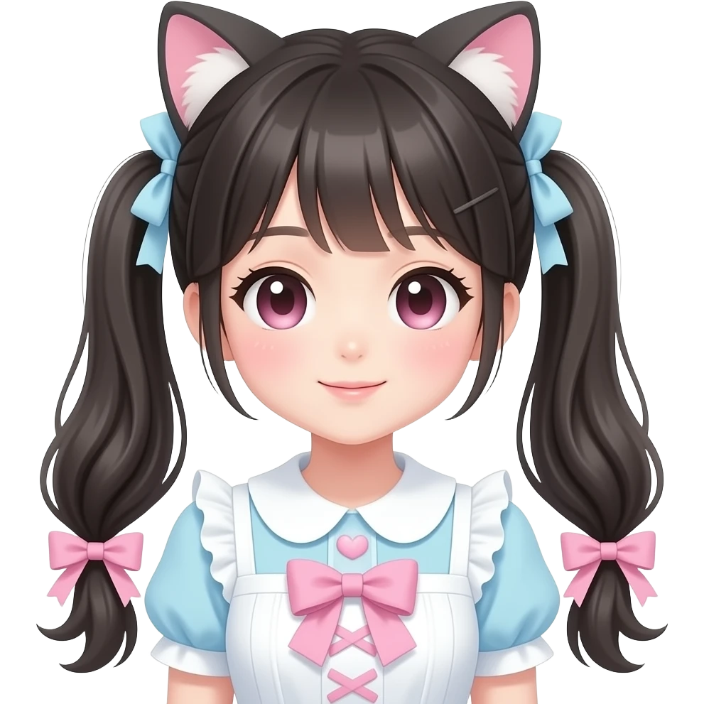 Japanese pale woman with shiny blushing cute kawaii pastel lolita anime catgirl pigtails trending style cottagecore pastelcore emoji