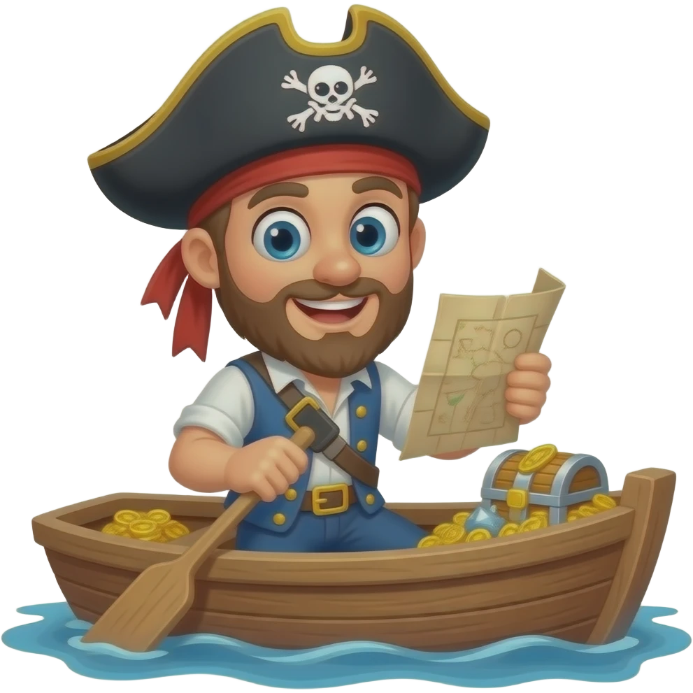 A overenthusiastic emoji that is searching for treasure with a single enlarged eye on a boat emoji