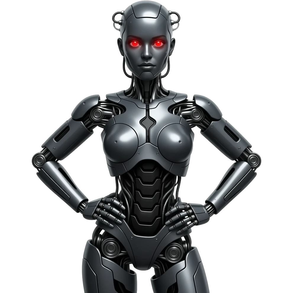 A mechanical woman made of dark gray steel with black and red markings,no human features, only robot features, entire body, sexy pose, robot face (fullbody) emoji