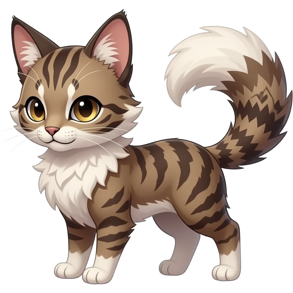 Kawaii dark edgy brown beige white fantasy ethereal feline-vernid-sergal-rocruff-fursona animal creature with a tufted tail full body with intricate markings emoji
