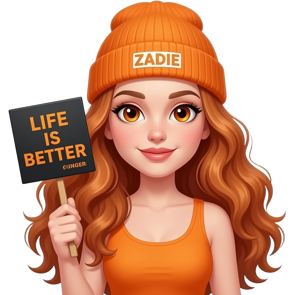 sexy girl with overlong wavy ginger hair and ginger eyes wearing a orange tanktop and a orange beanie with ZADIE written on it, is holding a black sign with LIFE IS BETTER with a GINGER written on it emoji