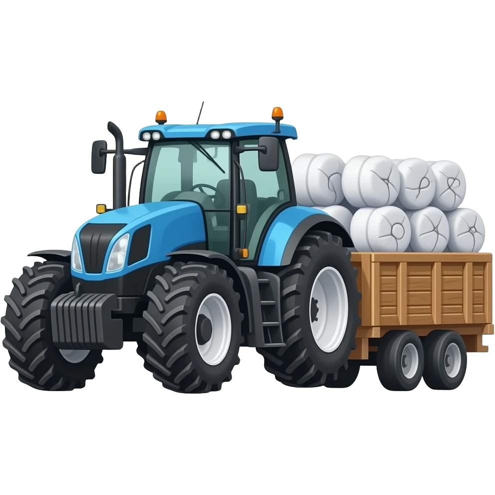 Cute 3D cartoon emoji style tractor pulling a trailer loaded with  white cotton bales, side view, blue tractor with big black wheels,  wooden trailer fully packed with fluffy cotton, glossy 3D render,  vibrant colors, friendly cartoon style, white background, isolated emoji