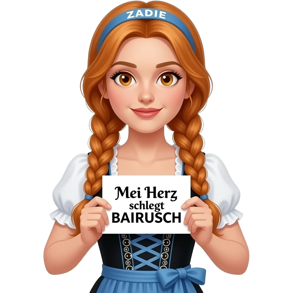 sexy girl with overlong ginger braids and ginger eyes wearing a black blue dirndl and a blue headband with ZADIE written on it, is holding a sign with Mei Herz schlogt BAIRISCH written on it emoji
