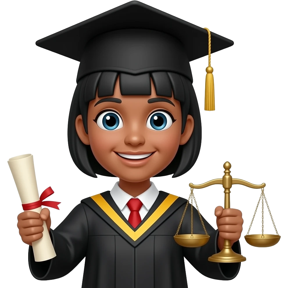 create me an emoji-style png of a light-brown guy student with short black hair wearing a classic black graduation cap major, in a style of "criminal justice" major. In one hand hes holding a rolled up graduation paper, and in the other hand holding a item that represents the criminal justice major emoji
