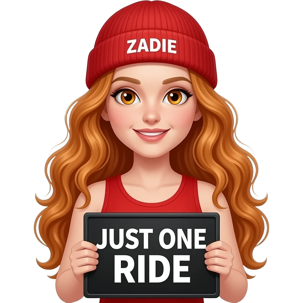 sexy girl with overlong wavy ginger hair and ginger eyes wearing a red tanktop and a red beanie with ZADIE written on it, is holding a black sign with JUST ONE RIDE written on it emoji