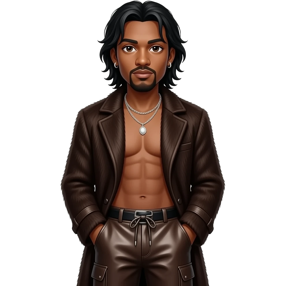 Omarion with dark brown eyes, long black hair, dark brown fur coat, dark brown metallic baggy pants, shirtless with necklace and earrings emoji
