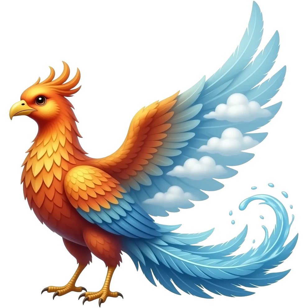 A realistic phoenix with long tail feathers made of Smoke and clouds on one side and Water on the other side facing the viewer. emoji