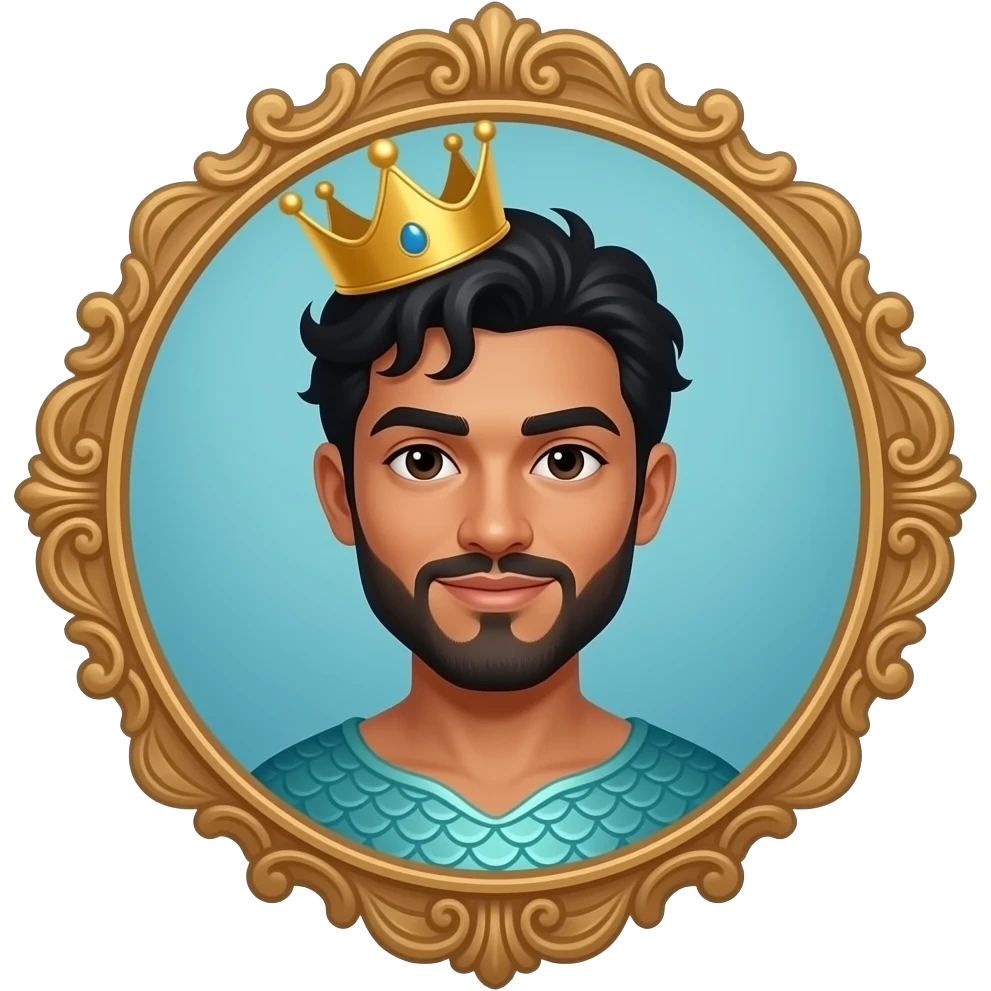 The Triton Man is a dark-skinned, beardless, Hispanic-Asian male mermaid with a golden crown and dark hair. The vignette is a decorative painting. emoji