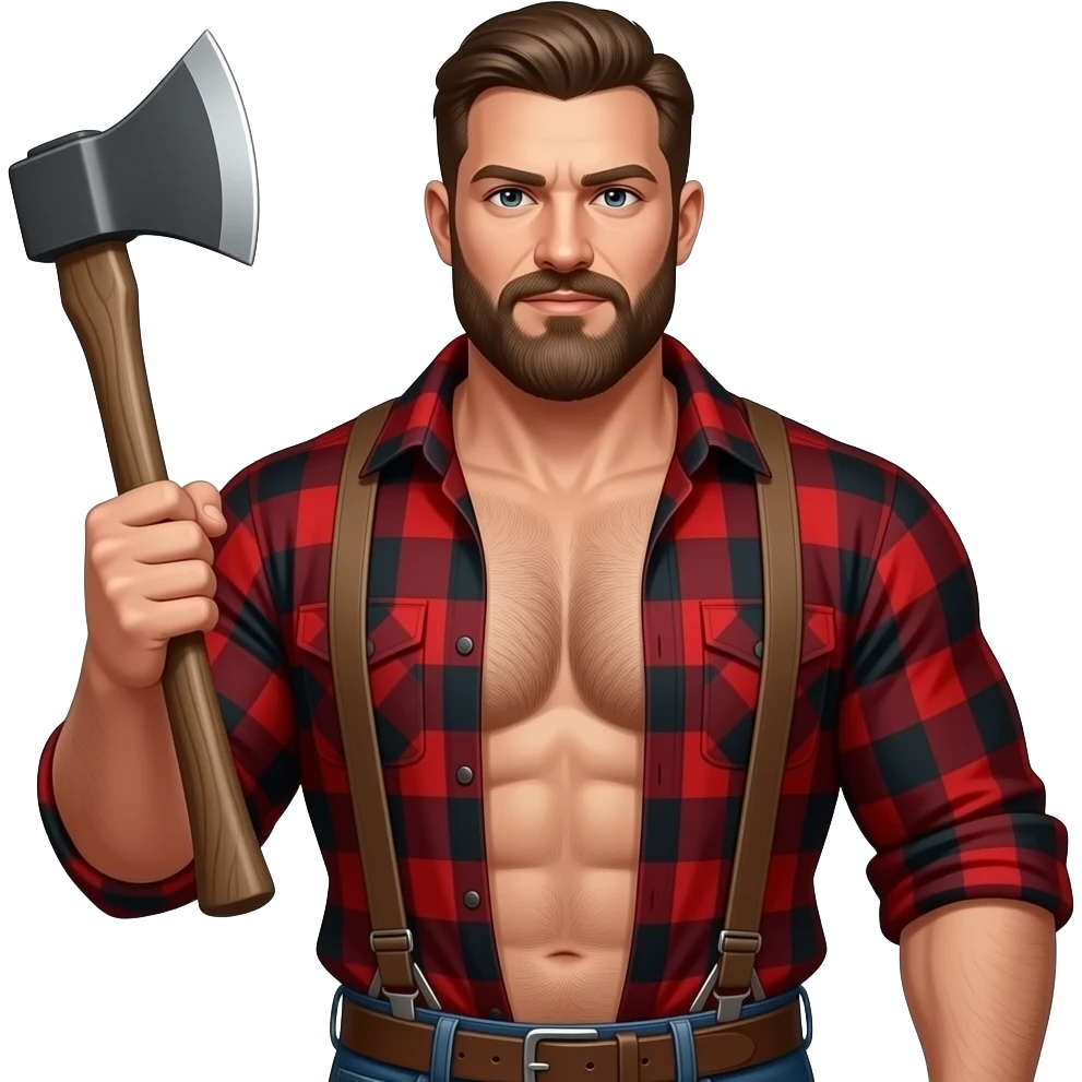Erstelle ein Portrait von einem muskulösen nackten Mann typische Aussehenden Lumberjack, er ist sehr behaarten, maskulinen Körper und Bart, seine Brust soll gut mit auf dem Bild zusehen sein und er hat eine Axt in der Hand und trägt Hosenträger und einem weit offenen rot kartierten Holzfällerhemd emoji