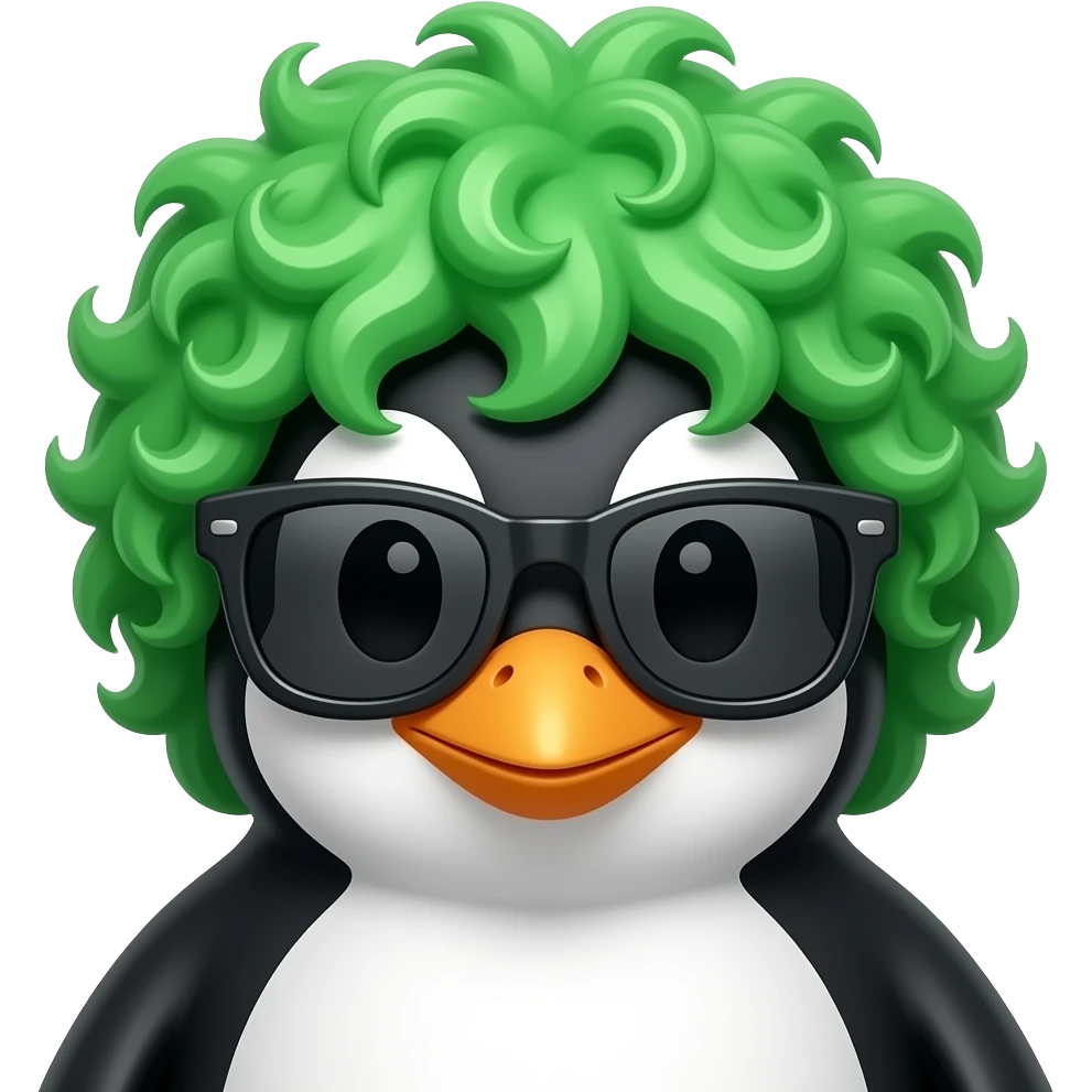 penguin with green curly hair and sunglassess, just face emoji