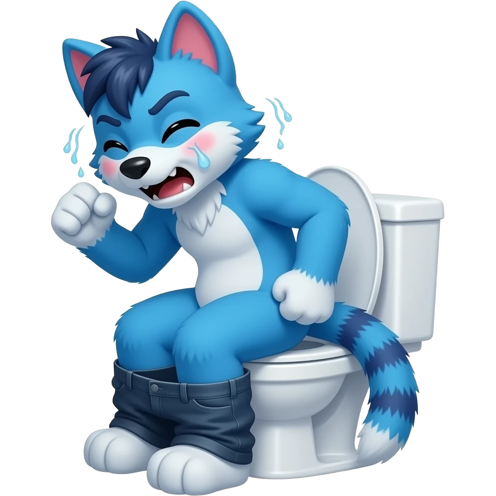 blue fursuit sitting on toilet, side view, pants down, straining face, blushing face, sweating, pain, pushing, both fits, discomfort, grunting emoji