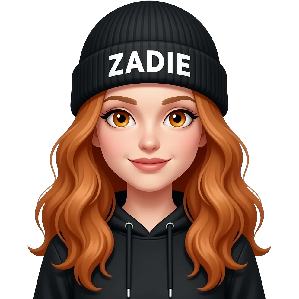 sexy girl with overlong wavy ginger hair and ginger eyes wearing a black hoodie with the hood atop her head and a black beanie with ZADIE written on it emoji