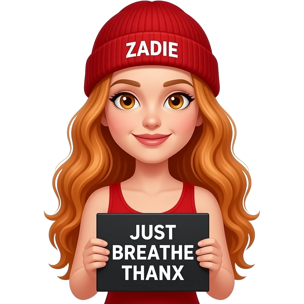 sexy girl with overlong wavy ginger hair and ginger eyes wearing a red tanktop and a red beanie with ZADIE written on it, is holding a black sign with JUST BREATHE THANX written on it emoji