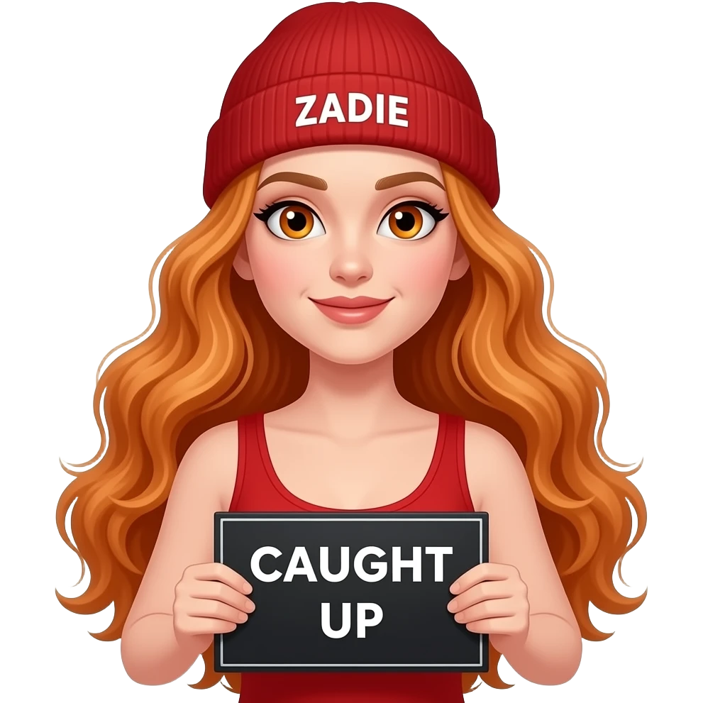 sexy girl with overlong wavy ginger hair and ginger eyes wearing a red tanktop and a red beanie with ZADIE written on it, is holding a black sign with CAUGHT UP written on it emoji