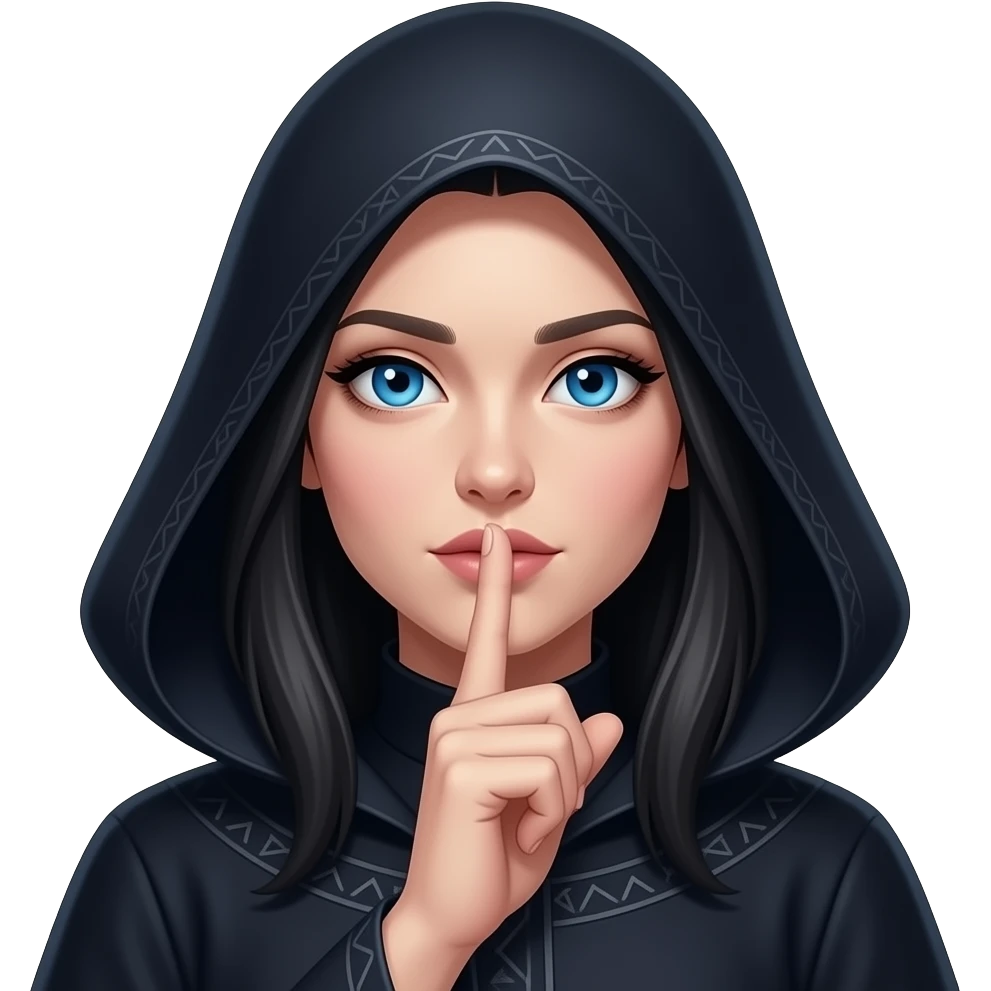 emale spellcaster portrait facing front, finger over lips in a silence gesture, glowing blue eyes, dark robe with high collar, mysterious expression emoji