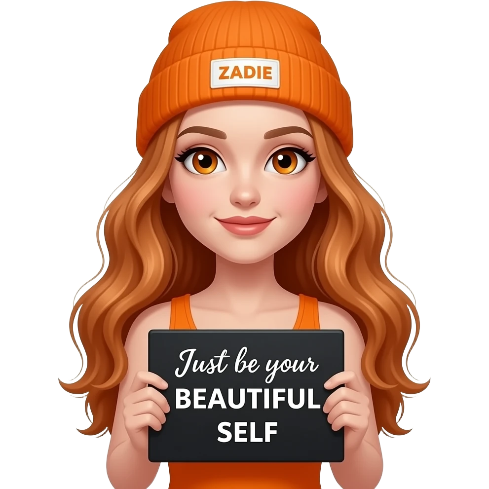 sexy girl with overlong wavy ginger hair and ginger eyes wearing a orange tanktop and a orange beanie with ZADIE written on it, is holding a black sign with Just be your BEAUTIFUL SELF written on it emoji
