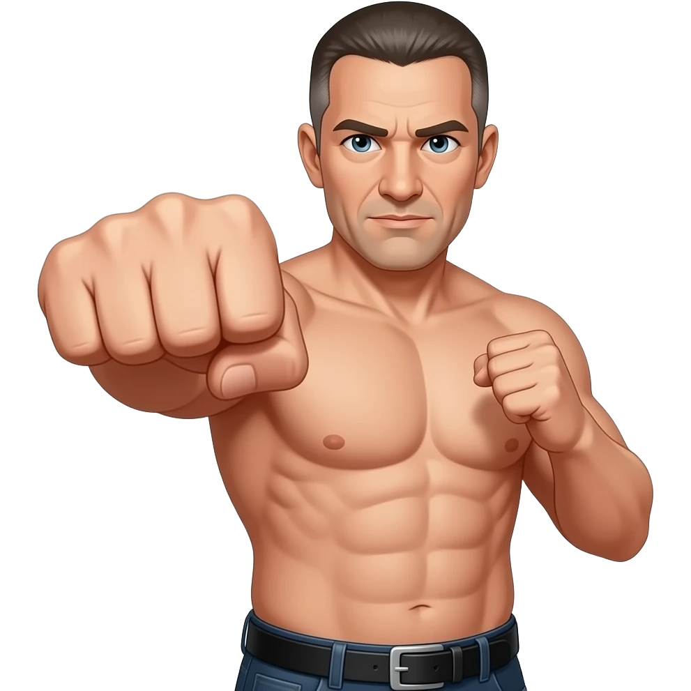 Middle-aged, white man, shaved short hair with a black belt doing a punch emoji