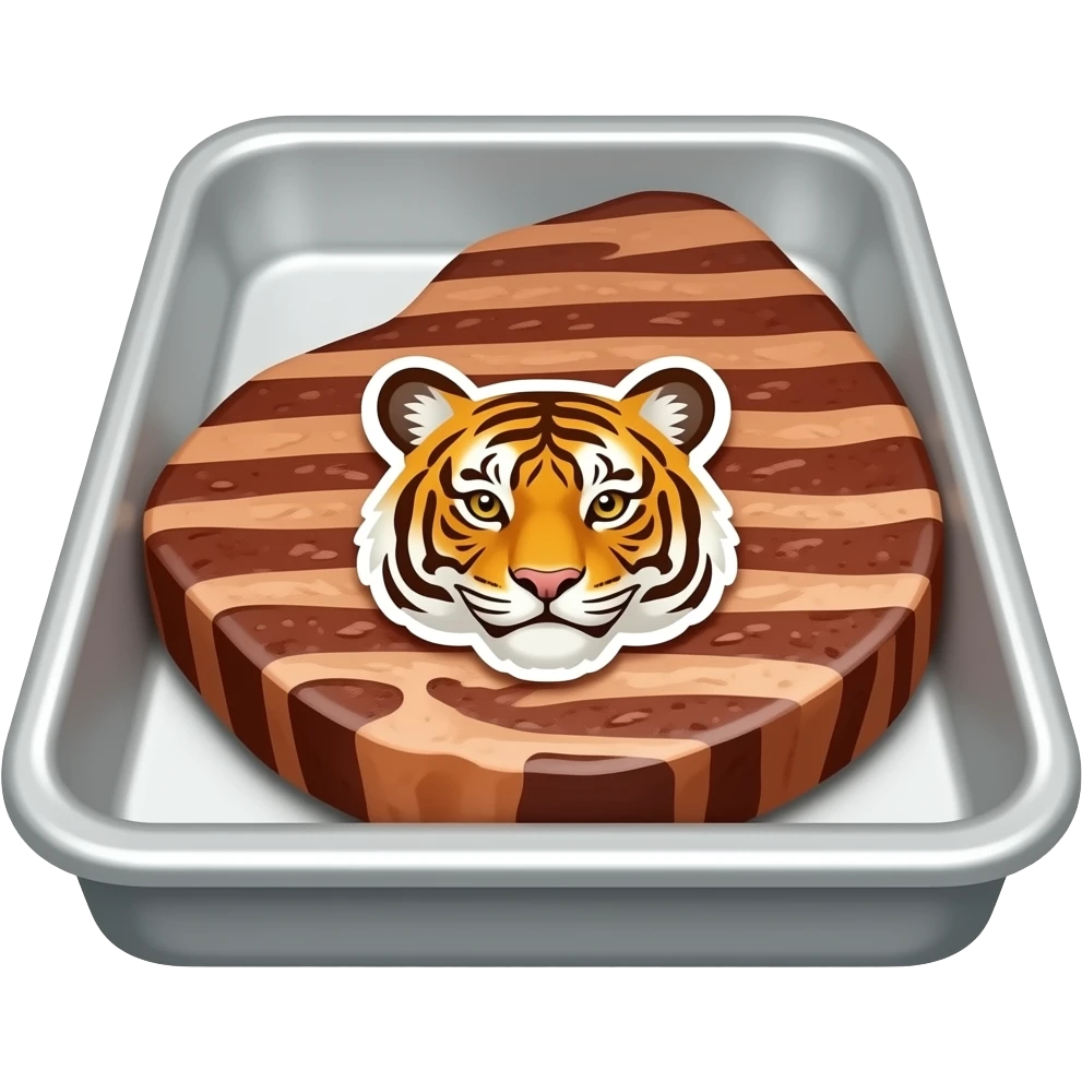 a tray of steaks with a tiger sticker on it emoji
