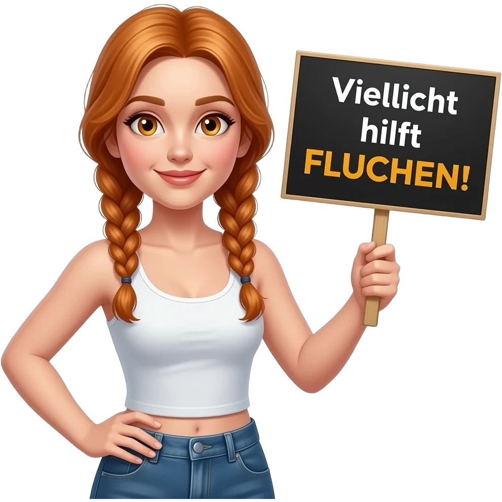 sexy girl with long ginger braids and ginger eyes wearing a white tanktop is holding a black sign with Vielleicht hilft FLUCHEN! written on it emoji