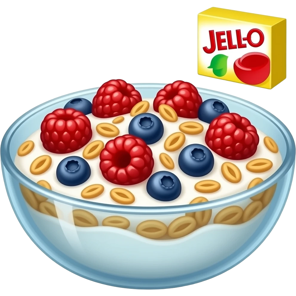 Yogurt bowl with berries and granola amd a tiny little yellow Jell-O box at the top right showing that’s what I put in it emoji