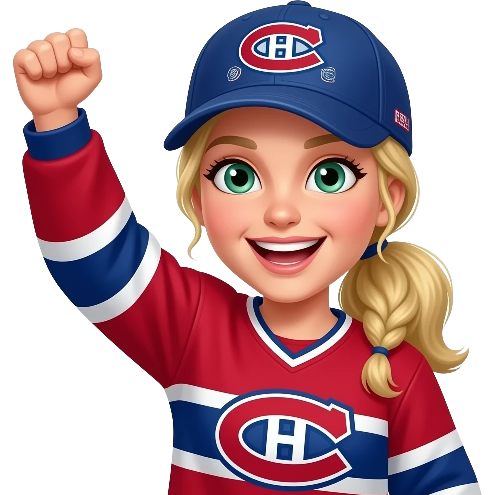 Green eyed Woman Cheering with arm in the air with blonde hair with pony tail, where Montreal Canadians cap and Go Habs Go written on jersey shirt. Put a black background emoji