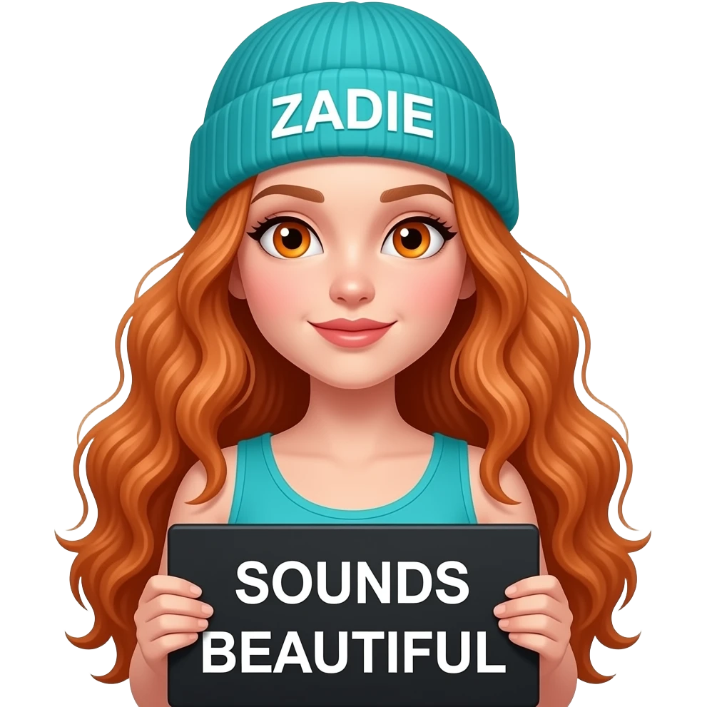 sexy girl with overlong wavy ginger hair and ginger eyes wearing a turquoise tanktop and a turquoise beanie with ZADIE written on it, is holding a black sign with SOUNDS BEAUTIFUL written on it emoji