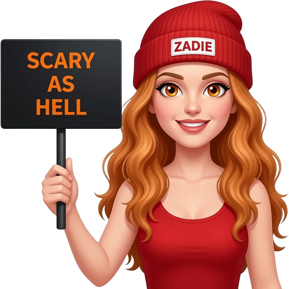 sexy girl with overlong wavy ginger hair and ginger eyes wearing a red tanktop and a red beanie with ZADIE written on it, is holding a black sign with SCARY AS HELL written on it emoji