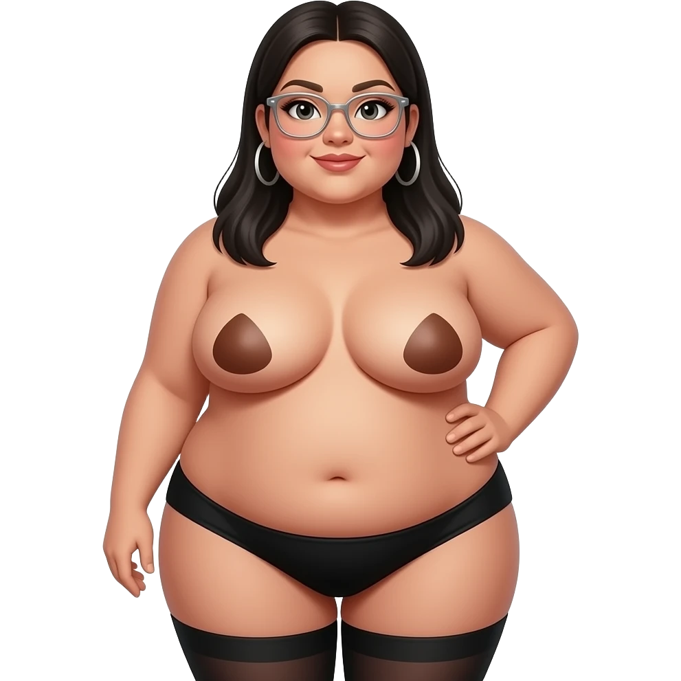 tanned fat chubby woman black long straight hair  with butt wearing black tights no shirt breasts out with large brown areolas round face with silver glasses emoji