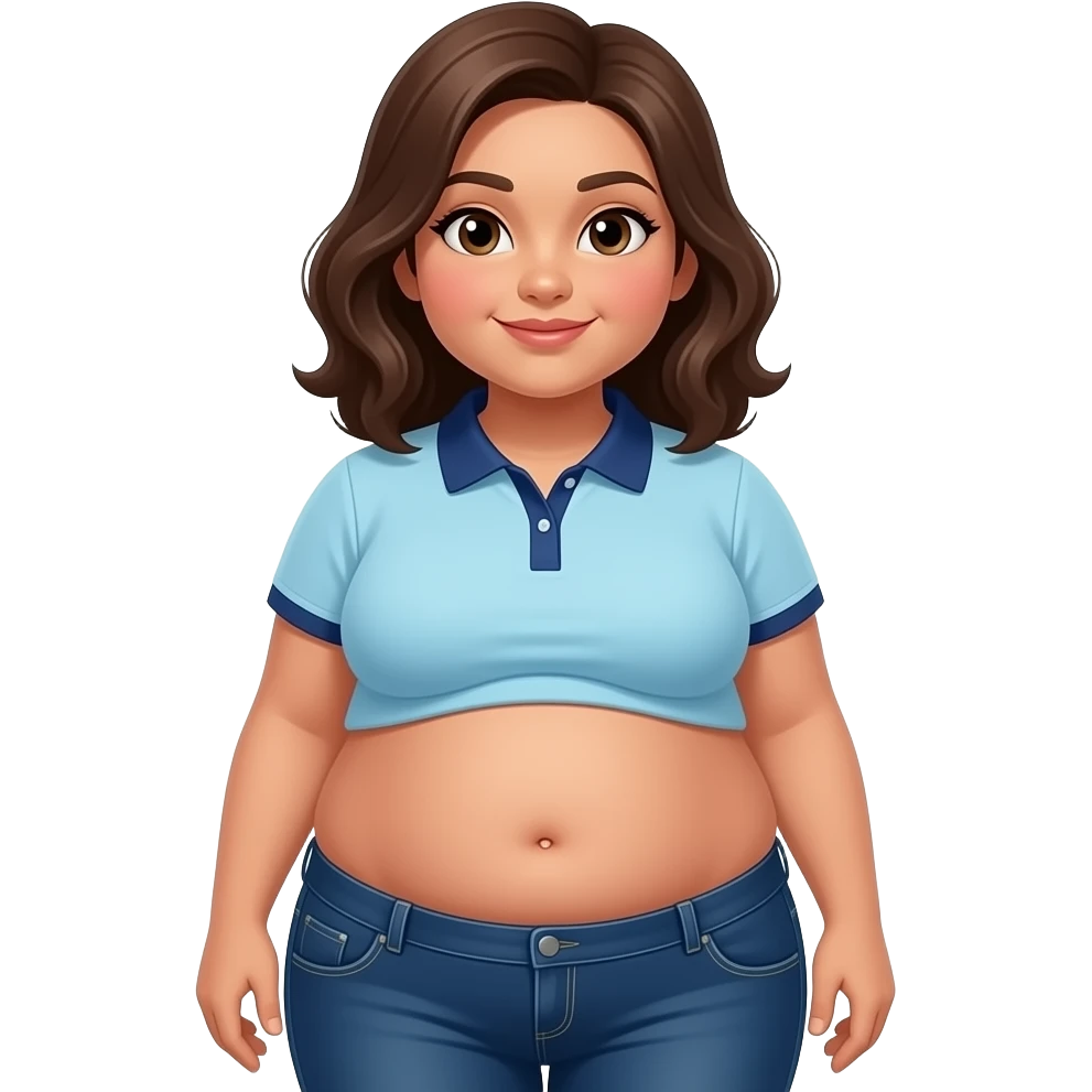 Obese hispanic girl with brown hair, light blue and dark blue line polo, and dark blue jeans with a chubby belly button emoji