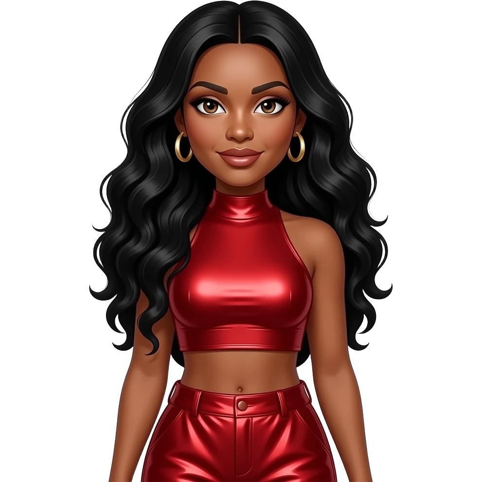 Rozonda Chilli Thomas from TLC with brown eyes, long black wavy hair, red metallic high neck crop top, red metallic baggy pants, earrings emoji