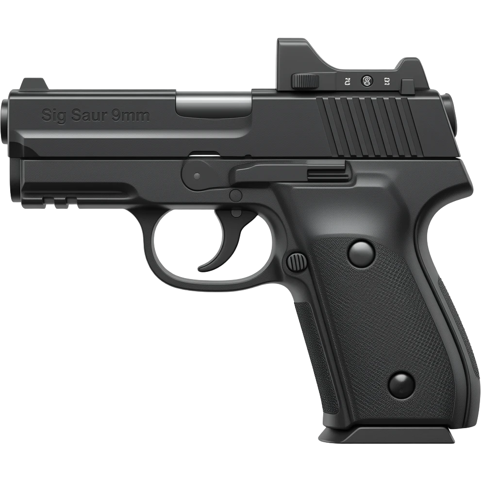 Make a black sig saur 9mm pistol and add the name "Sig Saur 9mm" on the barrel . Make the name darker.   Make a red dot sig saur ROMEO-RS COMPACT ROSE sight on the gun. emoji
