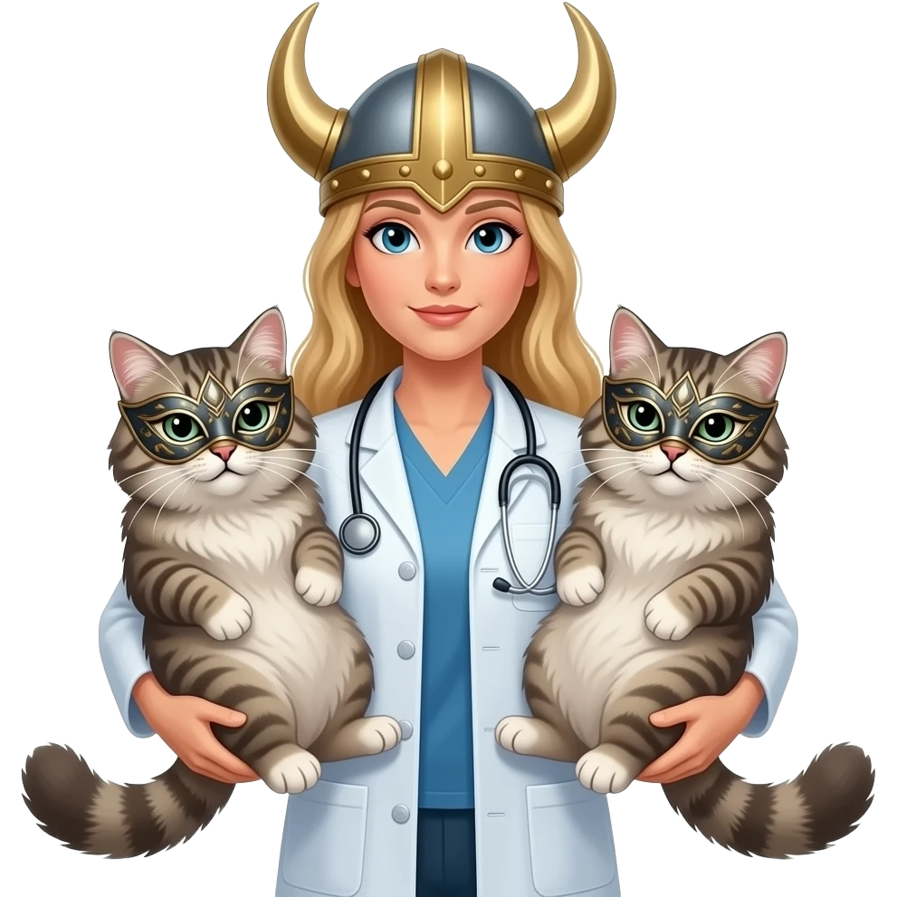 la déesse Freya en médecin avec ses 2 chats sibérien neva masquerade géants, casque de valkyrie emoji