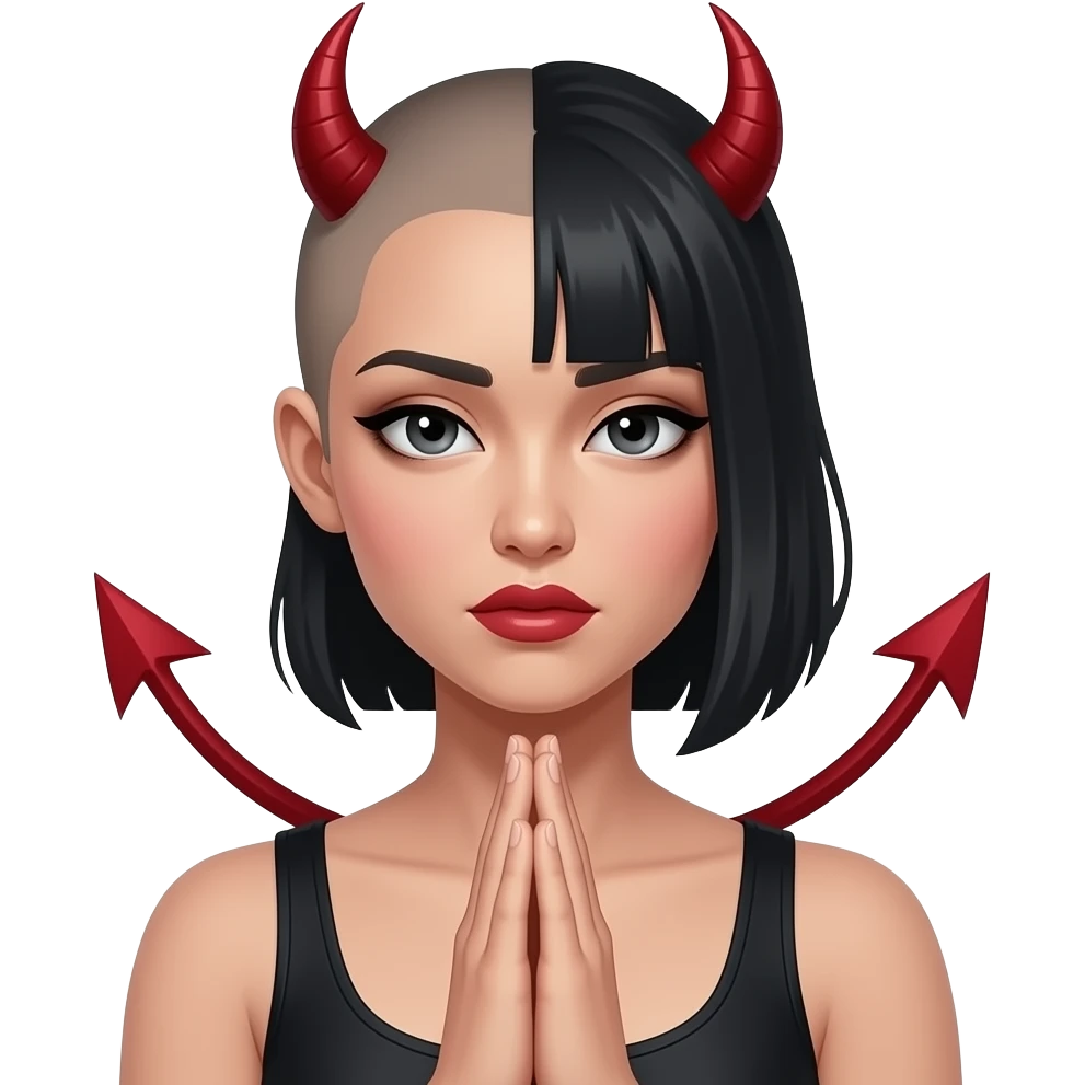 She-devil, black magic woman, hair shaved on one side and shoulder length on opposite side, asian, begging forgiveness with attitude emoji