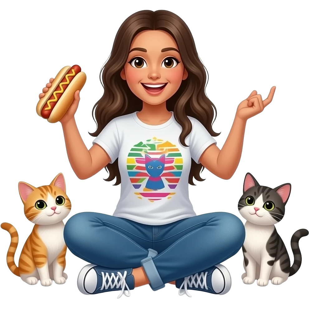 Mexican woman wearing jeans and t shirt surrounded by kittens and celebrating with a hot dog emoji