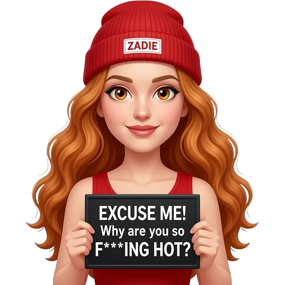 sexy girl with overlong wavy ginger hair and ginger eyes wearing a red tanktop and a red beanie with ZADIE written on it, is holding a black sign with EXCUSE ME! Why are you so F***ING HOT? written on it emoji