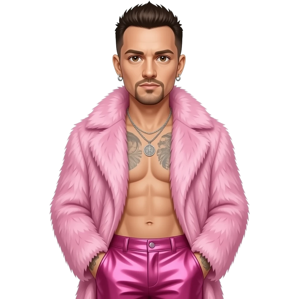 Chester Bennington with brown eyes, dark brown hair, pink fur coat, hot pink metallic baggy pants, shirtless with necklace and earrings emoji