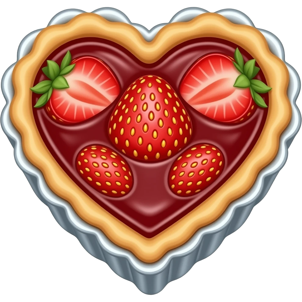 3D chrome luxury heart shaped pastry pie with strawberry jam minimalist style front view. emoji