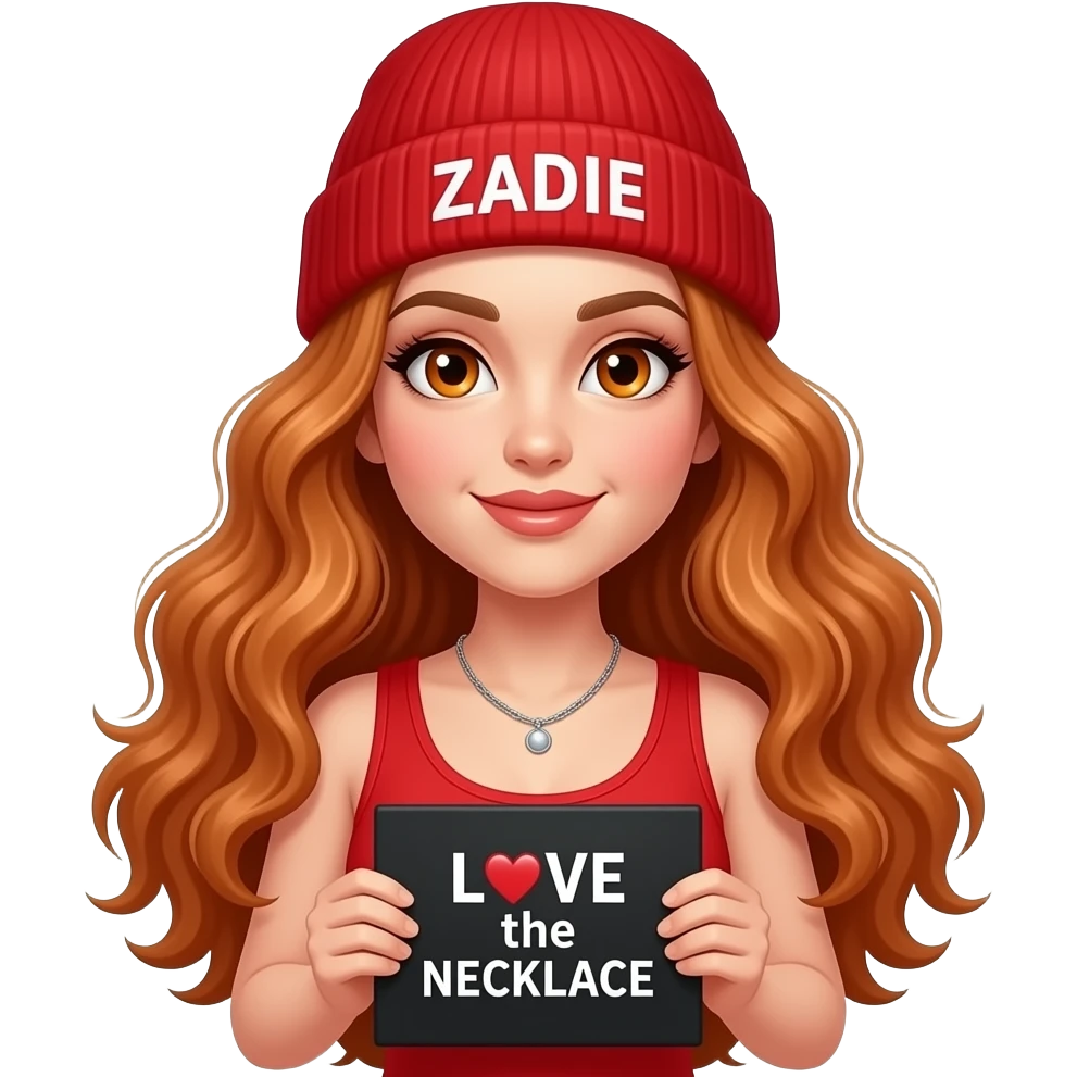 sexy girl with overlong wavy ginger hair and ginger eyes wearing a red tanktop and a red beanie with ZADIE written on it, is holding a black sign with LOVE the NECKLACE written on it emoji