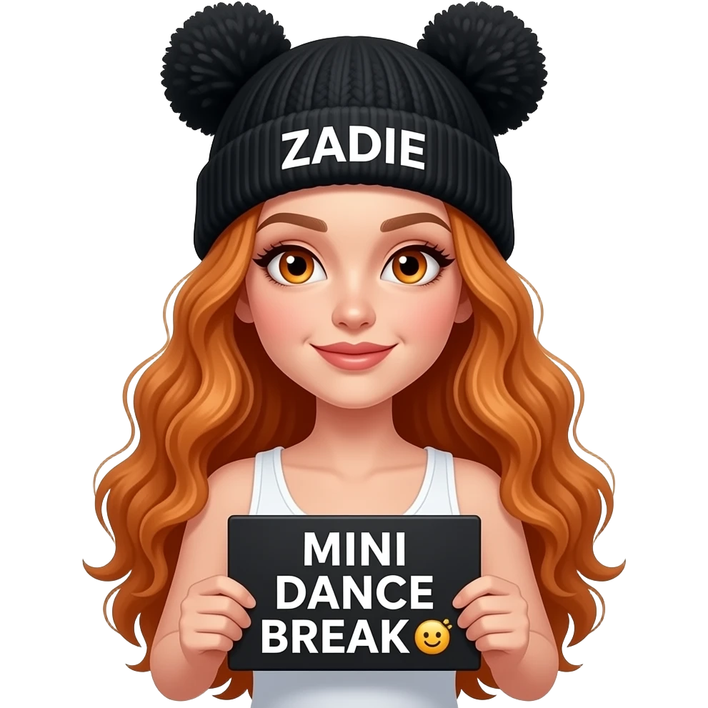 sexy girl with overlong wavy ginger hair and ginger eyes wearing a white tanktop and a black pom hat with ears with ZADIE written on it is holding a black sign with MINI DANCE BREAK  💃  on it emoji