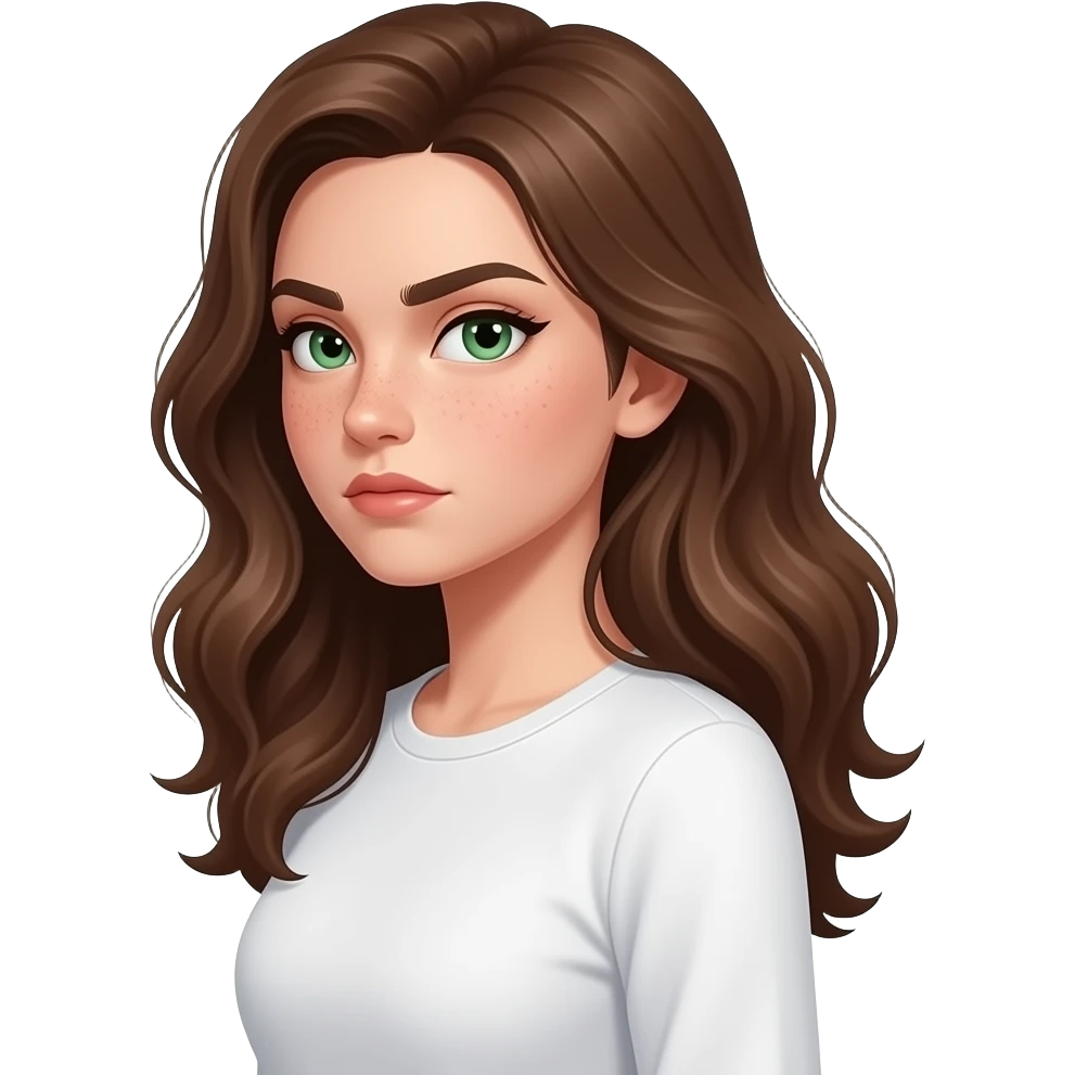 strong side view strong face expression very visible judgmental, cartoonish, caricatured, grotesque, suspicious side-eye meme by Brown wavy long haired with green eyes eyebrows raised cute face with freckles pretty girl in cute  white top with long sleeve emoji
