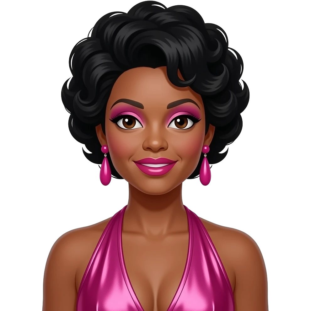 Diana Ross from The Supremes with dark brown eyes, black beehive hair, pink eyeshadow, hot pink lipstick, hot pink metallic halter dress, pink earrings emoji