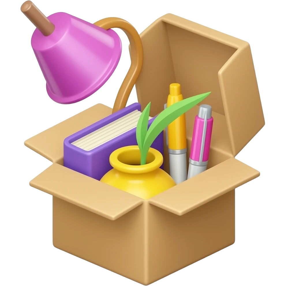surplus box with purple pink Lamp, book, vase yellow and pens in it emoji